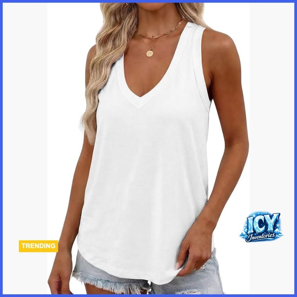Cotton Blend Deep V Neck Tank Top Loose Fit Sleeveless